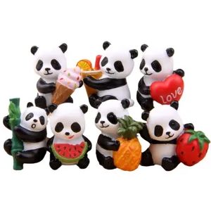 Cute miniature panda figurines holding food resin micro landscape garden bonsai decor set.