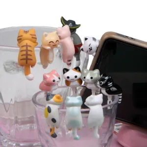 Cute cat phone dust plug charms, adorable hanging resin animal figurines for smartphone decor.