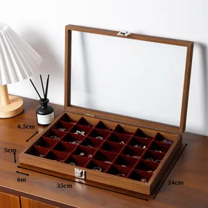 Walnussholz Schmuckkasten mit Glasdeckel, Samt-Aufbewahrungsbox für Ringe und Ohrringe.