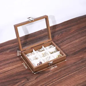Houten sieradendoos met glazen deksel, opbergdoos met meerdere vakken voor ringen.