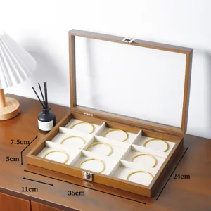 Houten sieradendoos met glazen deksel, 9-vakken armbanden display opbergdoos organisor.