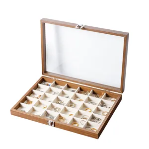 Nussbaum Holz Schmuckkasten mit Glasdeckel und Fächern für Ringe und Ohrringe Organizer.