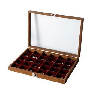 Nussbaum Holz Schmuckschatulle mit klarem Glasdeckel und Samtfach für Ringe und Ohrringe.