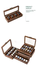 Boîte de rangement pour montre en bois avec couvercle en verre et coussins en velours doux.