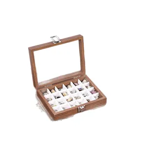 Nussbaum Holz Schmuckschatulle mit Glasdeckel, Organizer Kasten für Ringe und Accessoires.