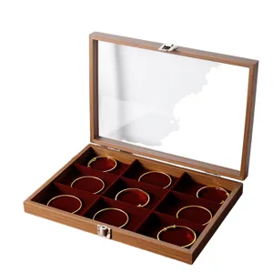 Walnootnerf Sieradendoos Met Glazen Deksel Fluwelen Voering Multi Compartiment Armband Opbergkoffer Hoogwaardige Sieraden Display Organizer