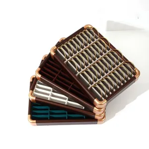Luxury Walnut Wood Velvet Jewelry Display Tray Gold Rounded Corners Multi Slots Bracelet Bangle Showcase Organizer Holder Plate