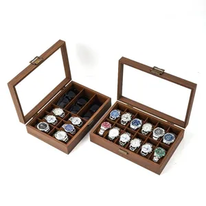 Boîte de Rangement Vintage pour Montres en Cuir Couleur Noyer avec Grain de Bois Coffret à Bijoux avec Couvercle en Verre et Boucle Métallique
