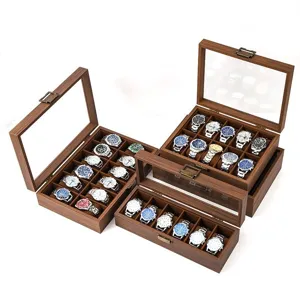 Boite de rangement pour montre en bois de noyer avec couvercle en verre vitrine.