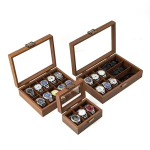 Boite de rangement pour montres en bois noyer organiseur vitrine avec couvercle en verre.