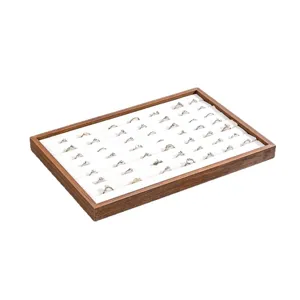 Vassoio espositore per anelli in legno, organizzatore di gioielli in velluto bianco per vetrina.
