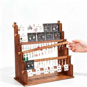 Multi-Tiered Pine Wood Earring Display Stand Walnut Jewelry Organizer For Earring Card Holder Stud Jewelry Storage Rack Stand