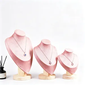 Présentoir à Collier en Velours Rose Base en Bois Pendentif Porte-Bijoux Modèle de Buste Organisateur Accessoires de Vitrine