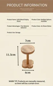 Wooden jewelry display stand detail view, showing product size, dimensions and material info.