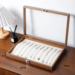 Houten ketting display doos met glazen deksel, walnoot sieraden opbergtray met fluweel.