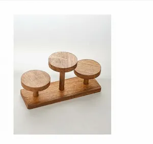 Walnut wood tiered jewelry display stand, three round disc trays organizer for figurines and decor.