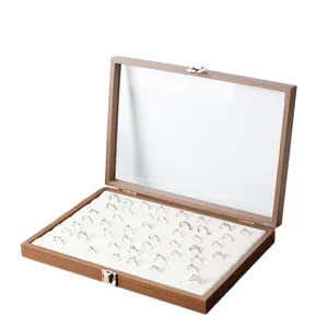 Scatola Espositore per Anelli in Legno di Noce Organizer con Coperchio in Vetro