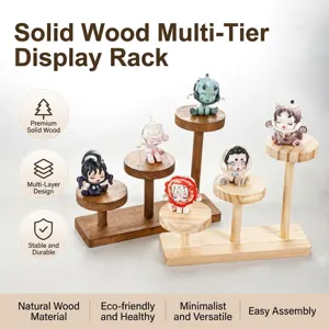 Wooden multi-layer display stand for action figures, mini dolls, and jewelry storage.