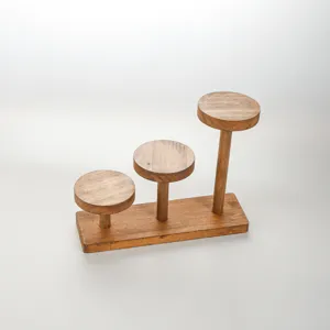Wooden tiered display stand for jewelry, small items, and collectible figures with three discs.