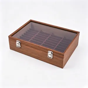 Boîte de rangement à bijoux en bois noyer avec couvercle en verre, présentoir 40 fentes.