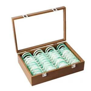 Wooden bracelet storage box with clear glass lid and multiple slots for jewelry display.
