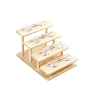Expositor de gafas de madera de 4 niveles, estante de almacenamiento de pino.