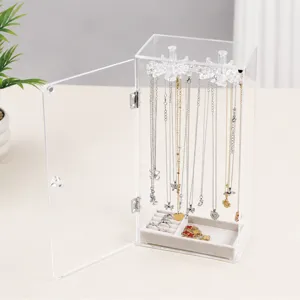 Transparent Acrylic Necklace Storage Box Dustproof Jewelry Display Stand With Rotating Hooks Necklace Organizer Case For Home
