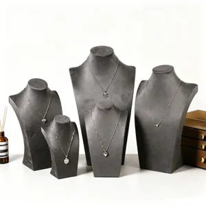 Présentoir à Collier Mannequin Buste en Forme de H en Bois Ingénierie Velours Moderne Support Organisateur Gris Support de Bijoux de Comptoir de Vitrine