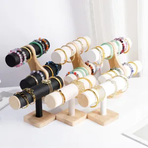 Soporte Organizador de Joyas de Madera de Bambú y Terciopelo Soporte en T para Pulseras y Relojes Soporte de Pulsera de Una o Dos Capas