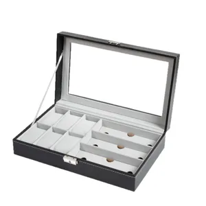 Boîte de rangement pour montres et lunettes en cuir PU noir avec six emplacements et trois.