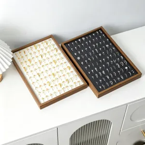 Plateau d'Affichage Bijoux Grain de Noyer Noir Organisateur de Rangement Bagues Boucles d'Oreilles Avec Doublure en Flanelle Douce Pour Comptoir