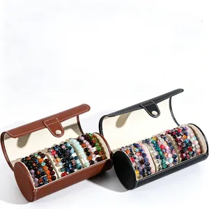 Cylindrical PU Leather Bracelet Storage Box Portable Multi Slot Jewelry Organizer Case With Snap Button Dustproof Display Box