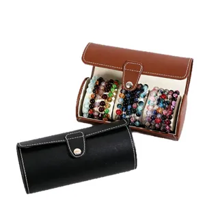3-Slot PU Leather Bracelet Storage Box Cylindrical Watch Organizer Display Case for Jewelry