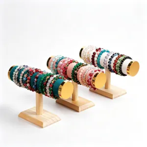 Wooden jewelry display stand T-bar bracelet holder with colorful beaded bracelets for retail