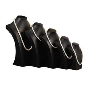 5-Tier Black Mannequin Neck Bust Display Stand Set with White Pearl Necklaces for Retail Counter