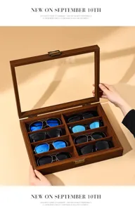 Black walnut 8-slot sunglasses storage box, premium wooden display case for home and collection use.