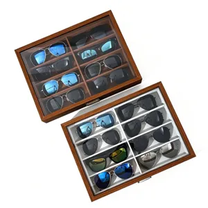 Wooden 8-grid sunglasses storage box with glass lid, walnut display case for glasses.
