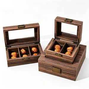 Vintage wood grain walnut storage box display case with glass lid and metal clasp