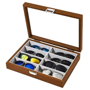 Wooden 8-slot sunglasses storage box with clear lid for home collection and display.