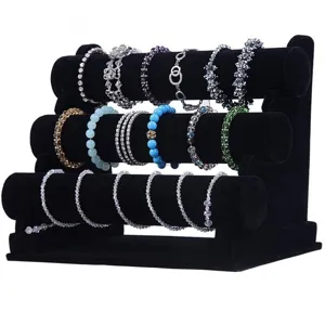 Artistic 3 Tier Velvet Jewelry Display Stand Detachable T-Bar Bracelet Holder Organizer Rack For Watch Bangle Home Storage