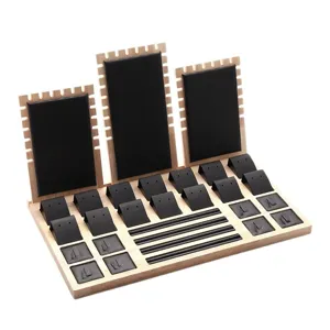 Houten sieraden display stand set zwarte PU leer ketting oorbellen ring houder