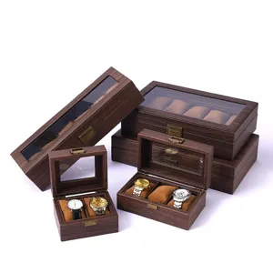 Vintage Holzoptik PU Leder Uhrenbox mit Glasdeckel, mehrschlitzige Schmuck Aufbewahrungsbox.