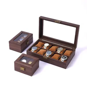 Holz Uhrenbox Organizer mit PU Leder und klarem Glasdeckel zur stilvollen Aufbewahrung.