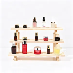 Wooden tiered display stand for desktop perfume, jewelry, bracelets, earrings, and stall setup.
