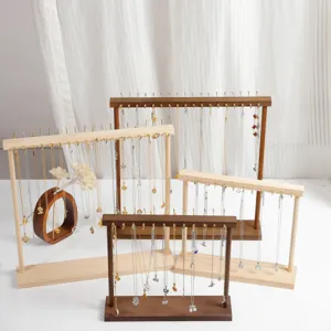 Solid Wood Necklace Display Stand Large Multi Hook Jewelry Organizer Holder Rack For Bracelet Pendant Storage Natural Walnut Wood Jewelry Rack
