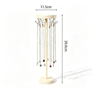 Solid wood necklace display stand jewelry organizer rack with hooks for bracelets chains.