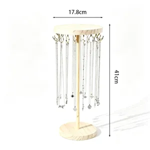 Solid wood necklace display stand round jewelry holder organizer rack with metal hooks 41cm