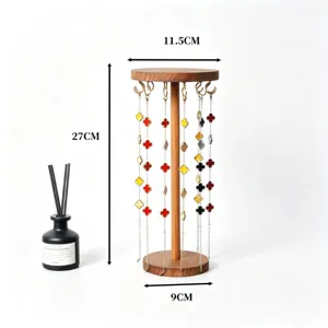 Wooden jewelry display stand necklace bracelet hanging rack detail view with clover chains.