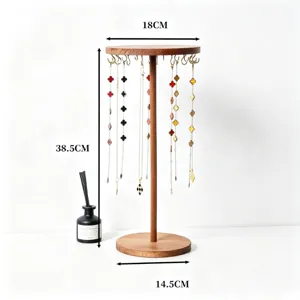 Wooden necklace display stand detail showing dimensions, hooks and hanging clover motif chains.