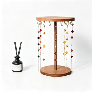 Round Wood Jewelry Display Stand Metal Hooks Rotating Necklace Bracelet Holder Hairband Storage Organizer Rack Home Desktop Dresser Decor